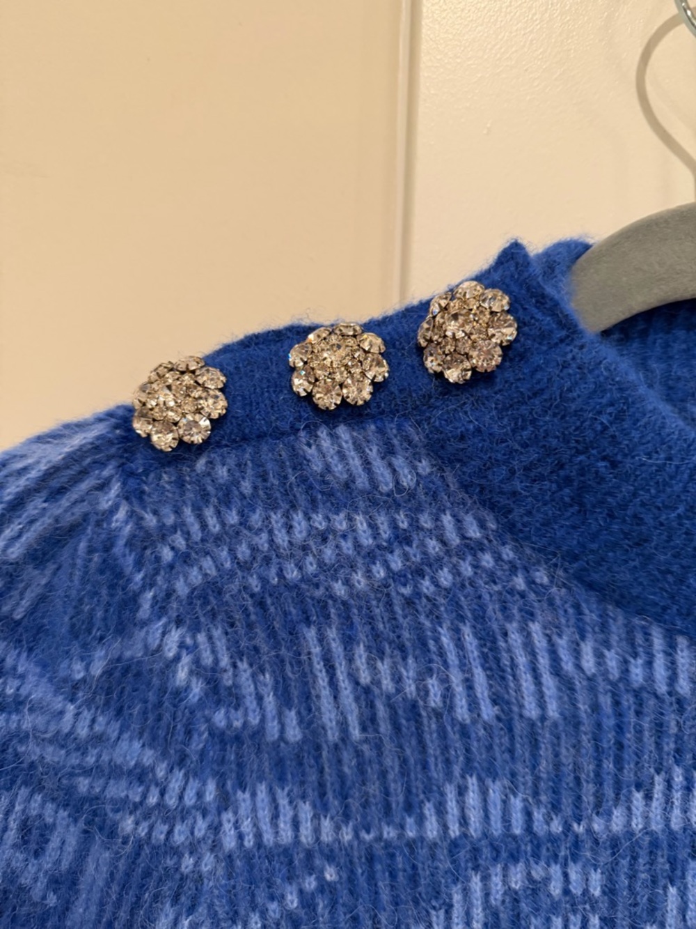 GANNI Alpaca and Merino Wool Jaquard Logo Button Sweater in Blue NWT's Sz Small - Picture 5 of 17